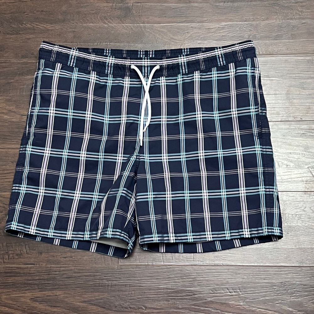 Brooks Brothers Navy Plaid Swim Shorts with White Drawstring